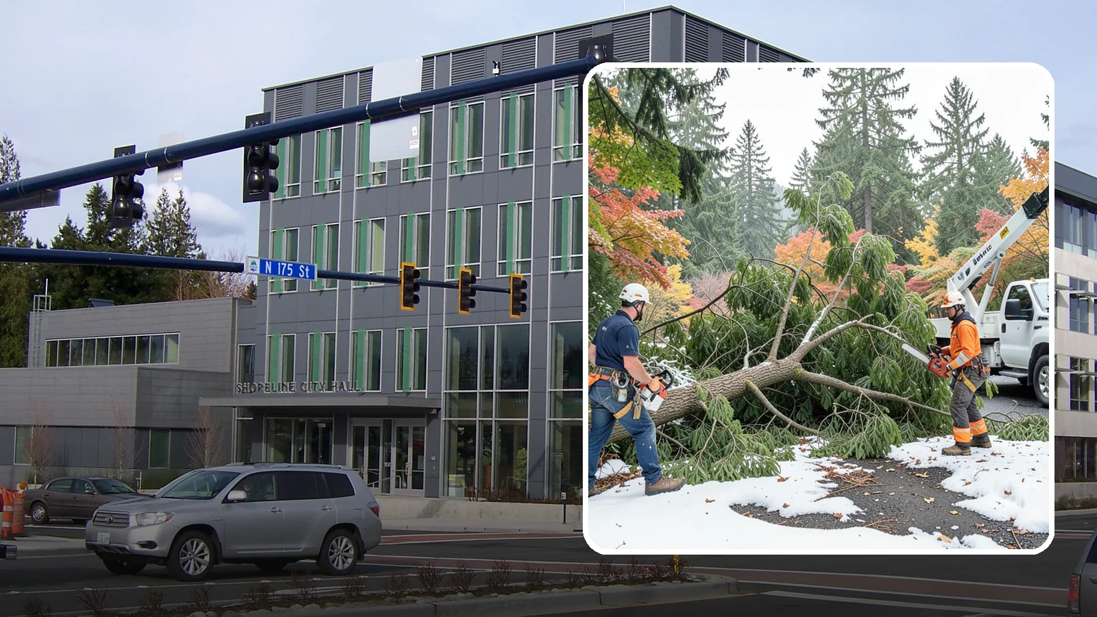 Snow and ice damage cleanup in Shoreline, King County, WA - The cleanup of trees damaged by snow and ice loading.