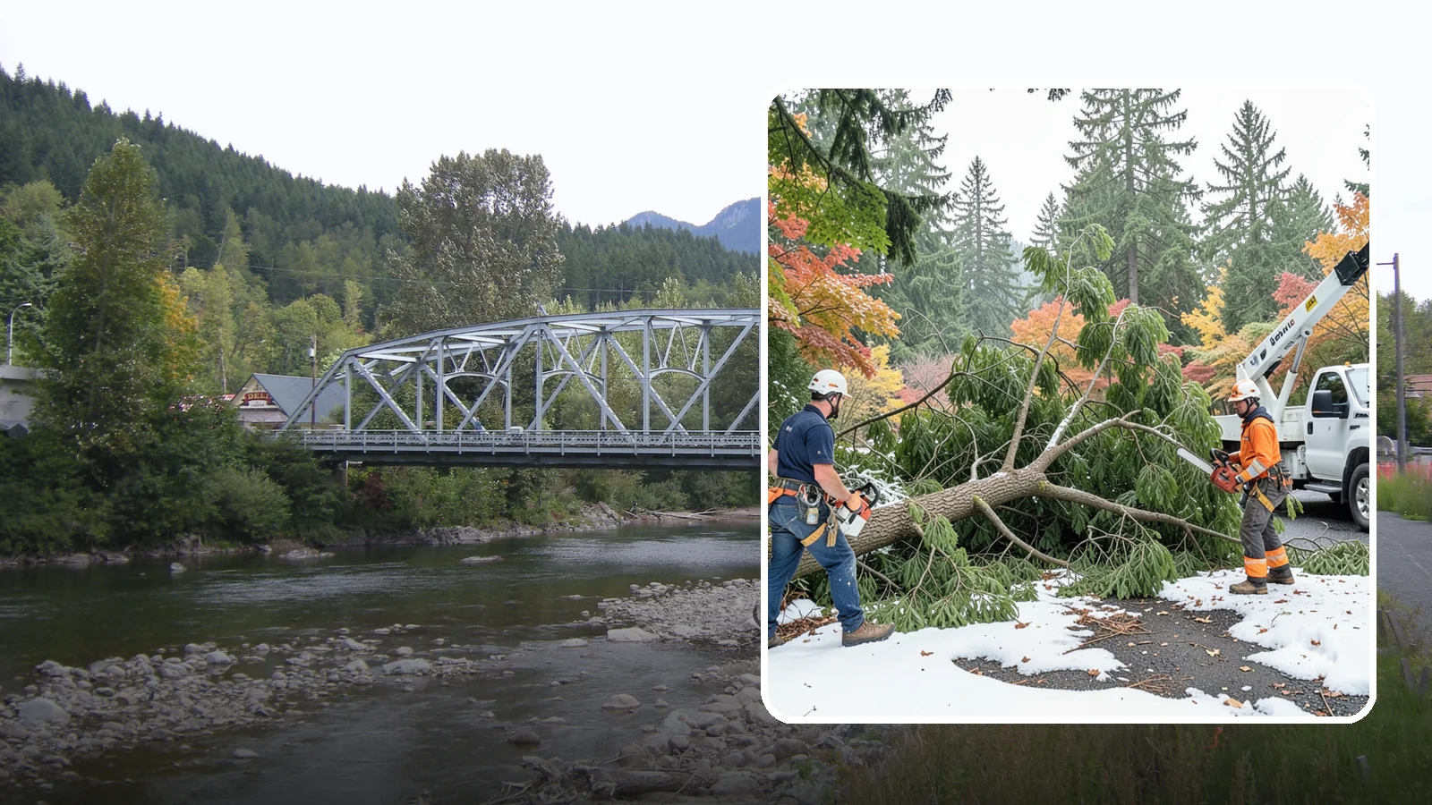 Snow and ice damage cleanup in Skykomish, King County, WA - The cleanup of trees damaged by snow and ice loading.