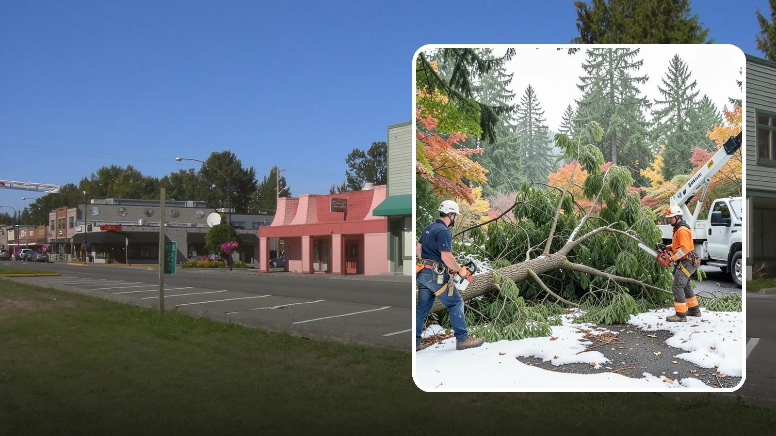 Snow and ice damage cleanup in Snoqualmie, King County, WA - The cleanup of trees damaged by snow and ice loading.