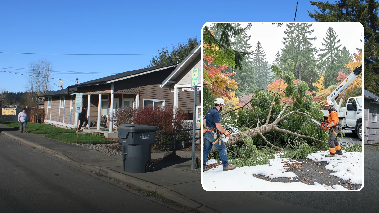 Snow and ice damage cleanup in South Prairie, Pierce County, WA - The cleanup of trees damaged by snow and ice loading.