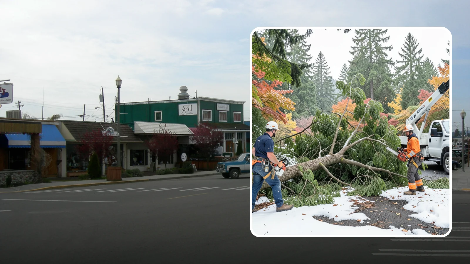 Snow and ice damage cleanup in Stanwood, Snohomish County, WA - The cleanup of trees damaged by snow and ice loading.