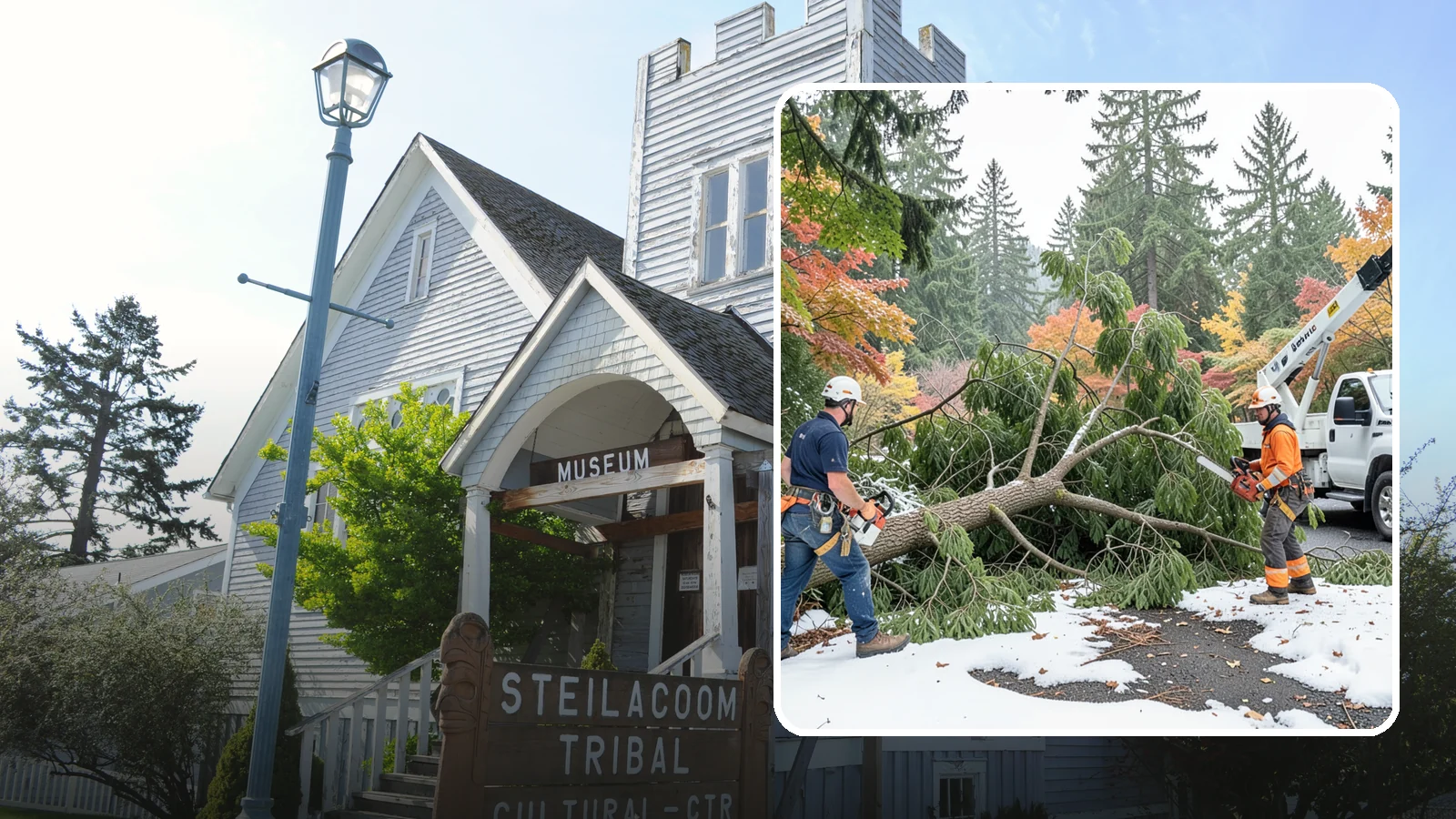 Snow and ice damage cleanup in Steilacoom, Pierce County, WA - The cleanup of trees damaged by snow and ice loading.
