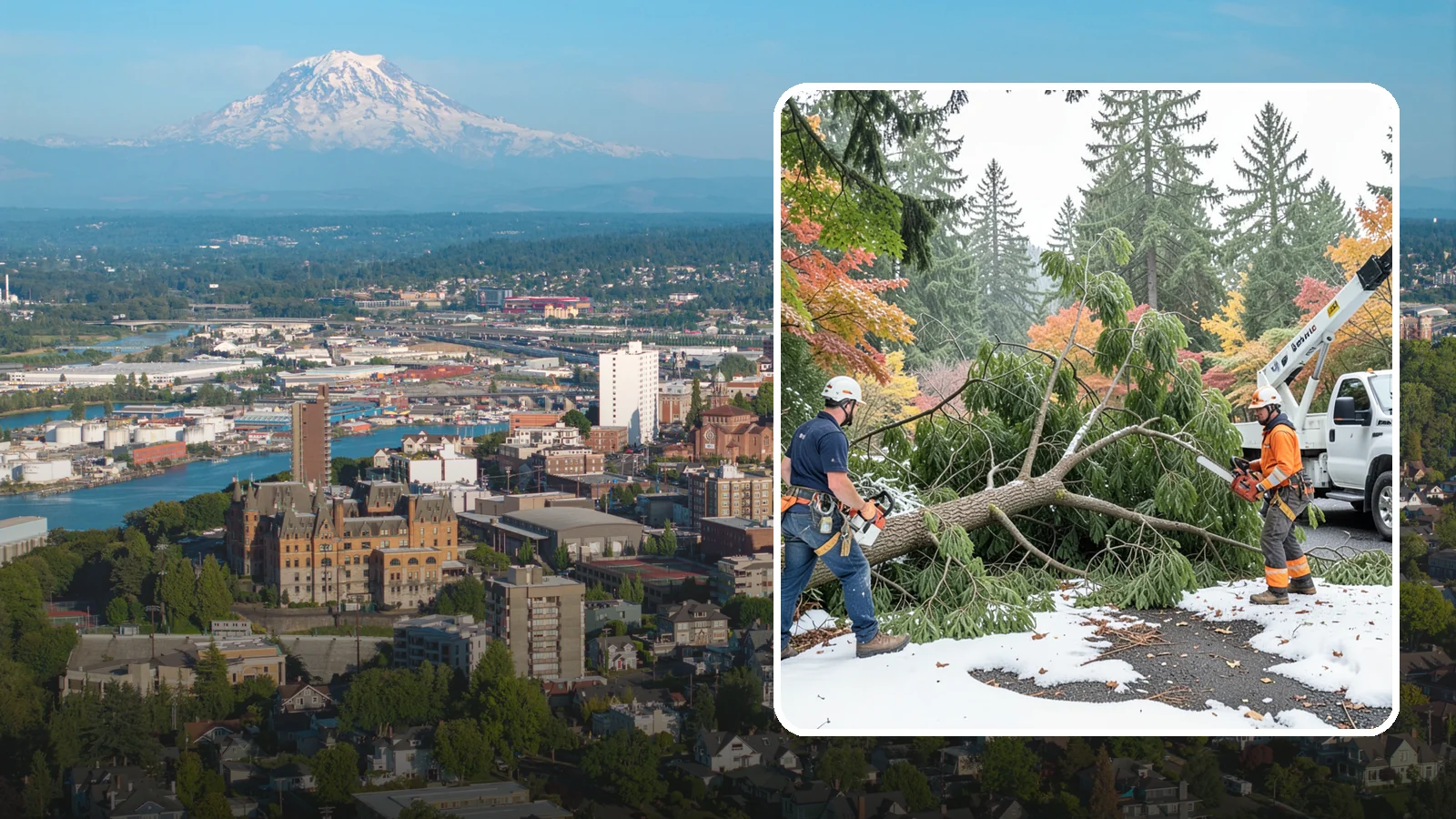 Snow and ice damage cleanup in Tacoma, Pierce County, WA - The cleanup of trees damaged by snow and ice loading.