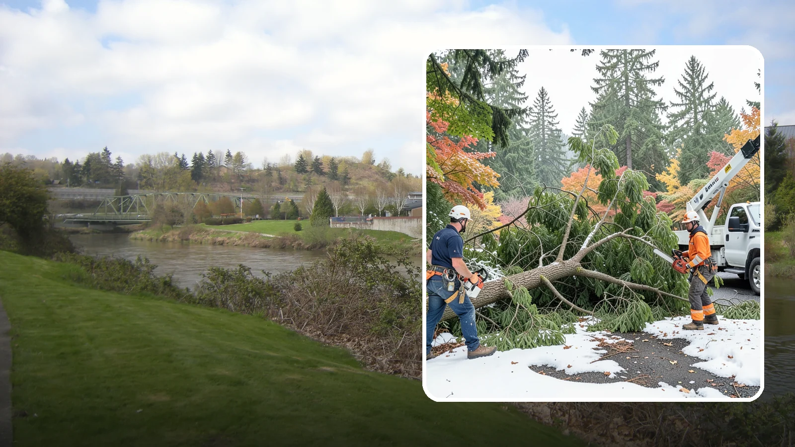 Snow and ice damage cleanup in Tukwila, King County, WA - The cleanup of trees damaged by snow and ice loading.