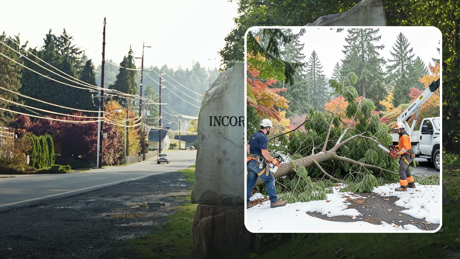 Snow and ice damage cleanup in Wilkeson, Pierce County, WA - The cleanup of trees damaged by snow and ice loading.