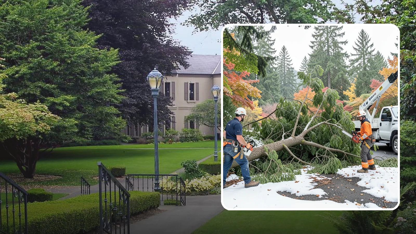 Snow and ice damage cleanup in Woodinville, King County, WA - The cleanup of trees damaged by snow and ice loading.