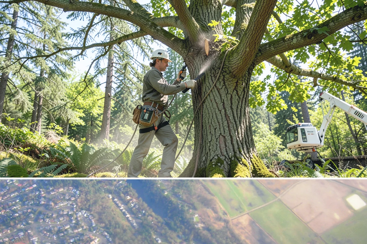 Static cabling installation in Algona, King County, WA - Work can generally be performed year-round in Puget Sound weather provided branches are not frozen or ice-laden that could damage...