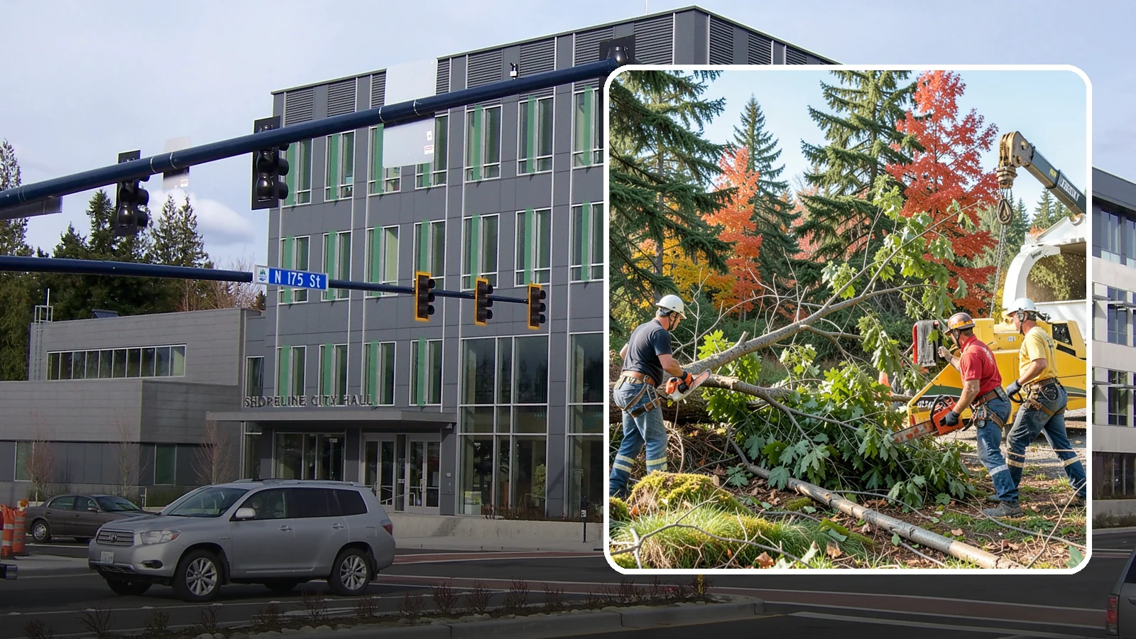 Storm-damaged tree removal in Shoreline, King County, WA - The removal of trees damaged by high winds, snow, ice, or lightning.