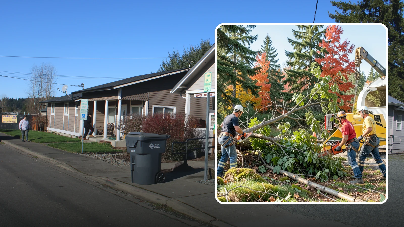 Storm-damaged tree removal in South Prairie, Pierce County, WA - The removal of trees damaged by high winds, snow, ice, or lightning.