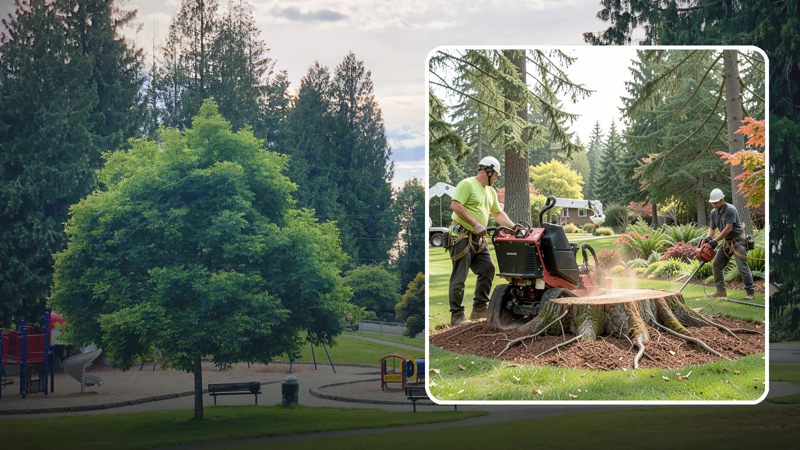 Stump grinding in Bonney Lake, Pierce County, WA - The mechanical grinding of a stump below grade.