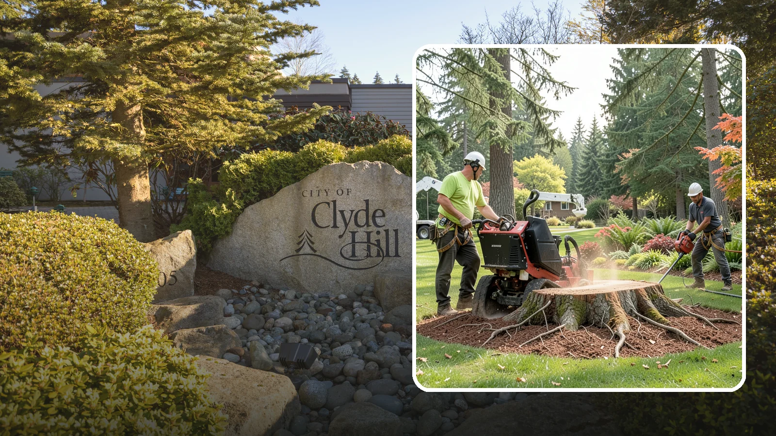Stump grinding in Clyde Hill, King County, WA - The mechanical grinding of a stump below grade.