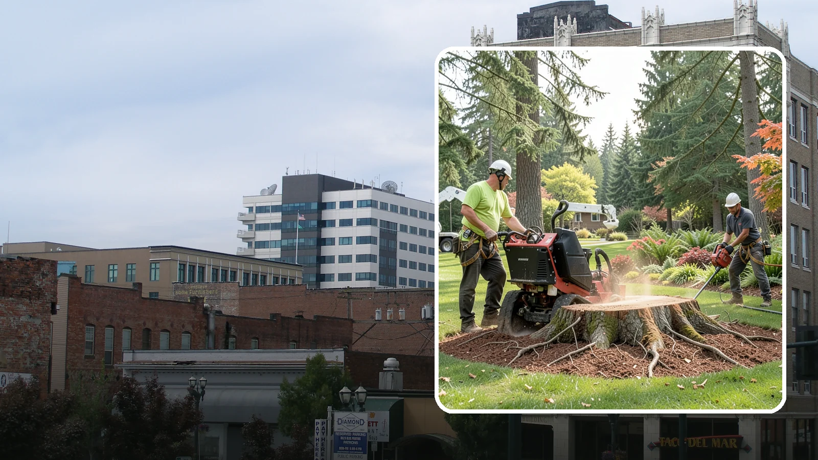 Stump grinding in Everett, Snohomish County, WA - The mechanical grinding of a stump below grade.