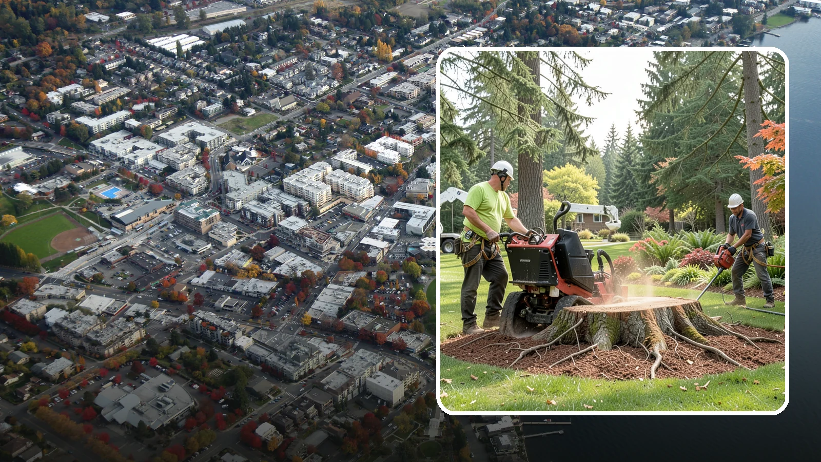 Stump grinding in Kirkland, King County, WA - The mechanical grinding of a stump below grade.