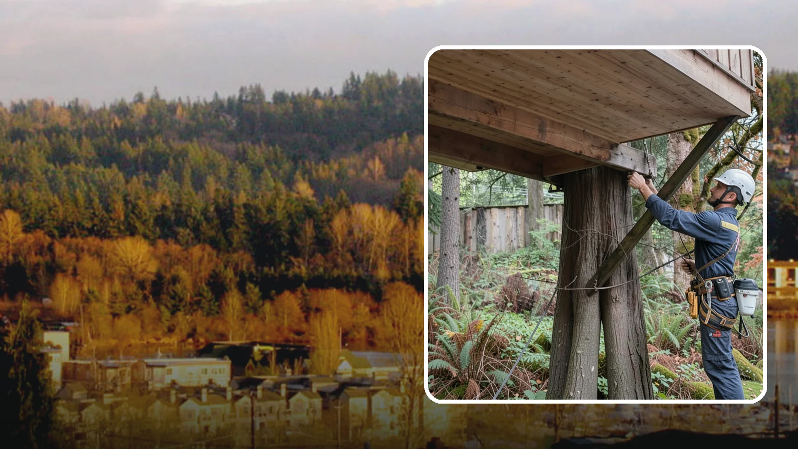 Tree bracing in Kenmore, King County, WA - The installation of rods to reinforce splits or weak unions.