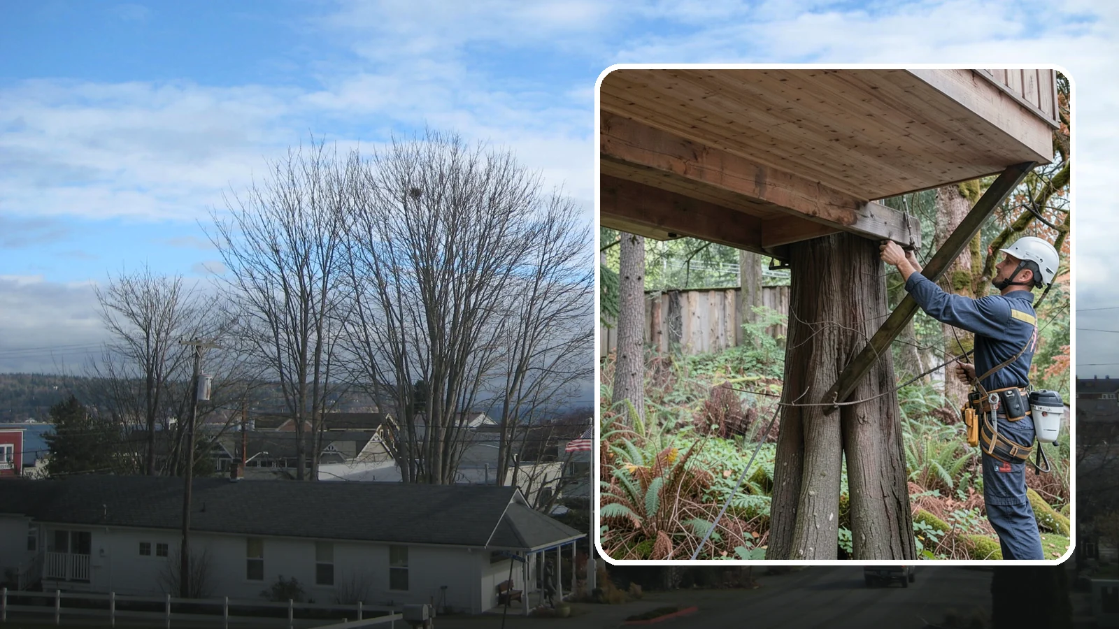 Tree bracing in Langley, Island County, WA - The installation of rods to reinforce splits or weak unions.
