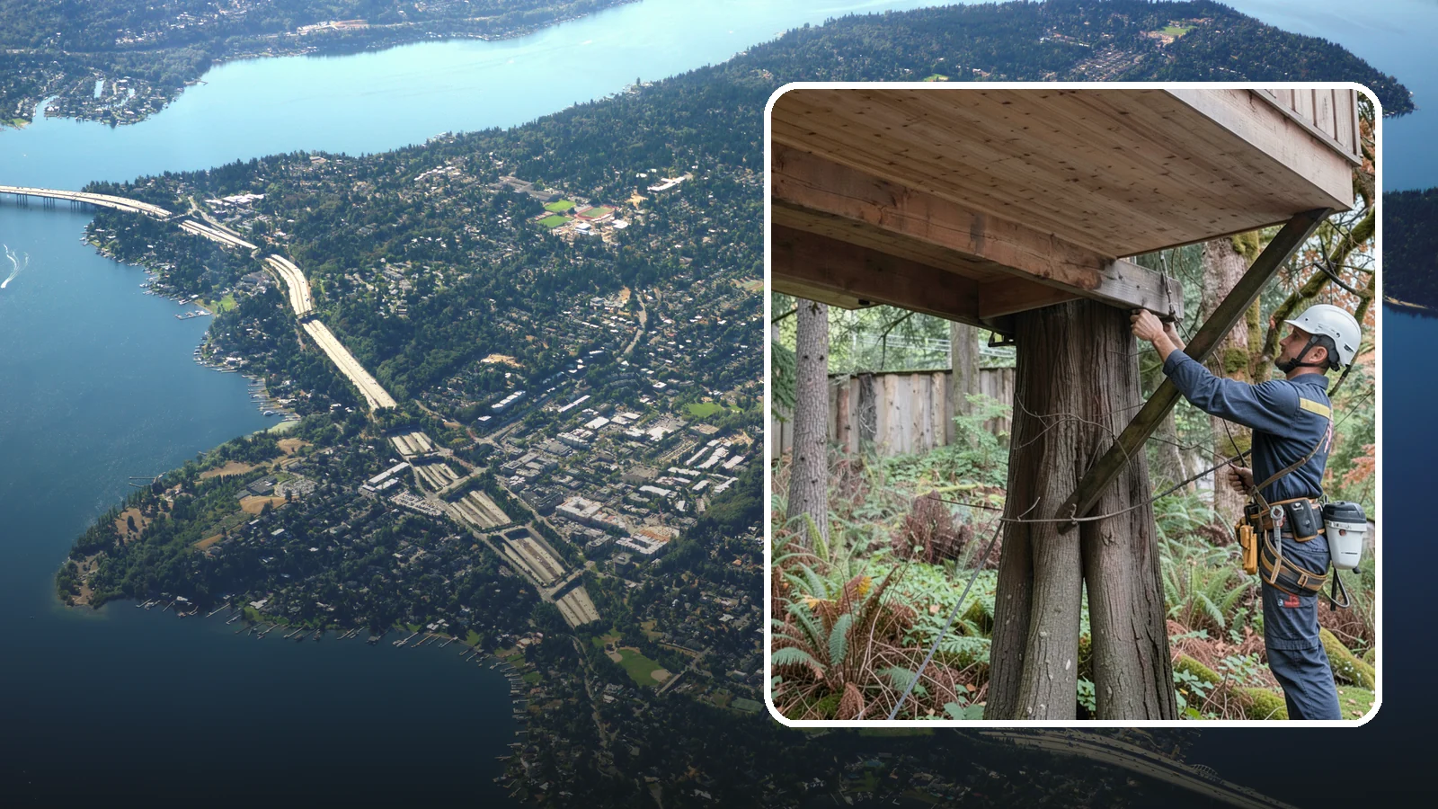 Tree bracing in Mercer Island, King County, WA - The installation of rods to reinforce splits or weak unions.