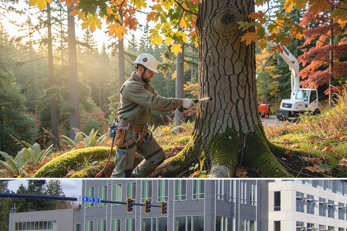 Tree bracing in Shoreline, King County, WA - Work is performed year-round but typically scheduled when trees have full foliage to assess load paths accurately