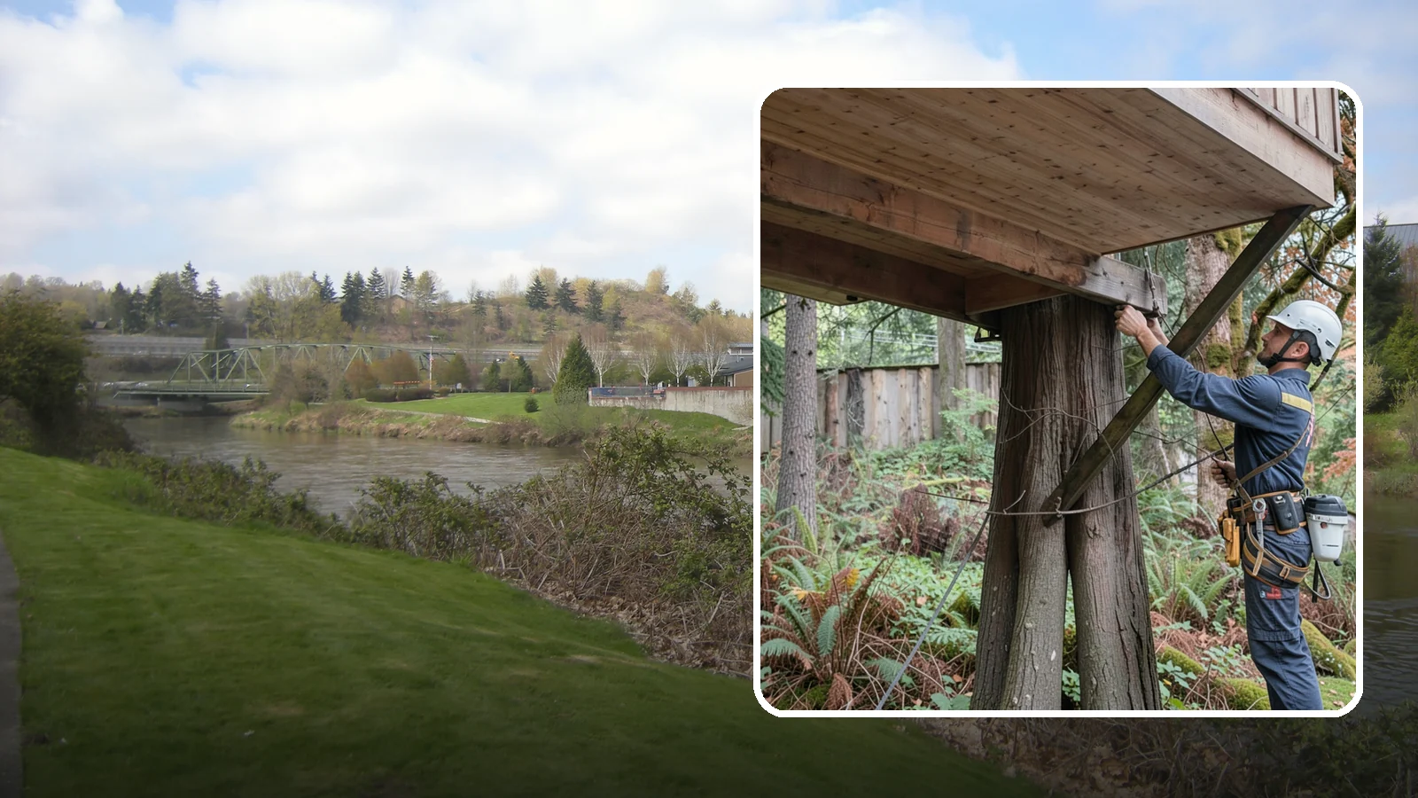 Tree bracing in Tukwila, King County, WA - The installation of rods to reinforce splits or weak unions.