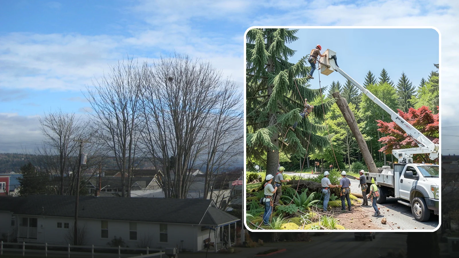 Tree dismantling / sectional removal in Langley, Island County, WA - The piece-by-piece dismantling of a tree from the top down.