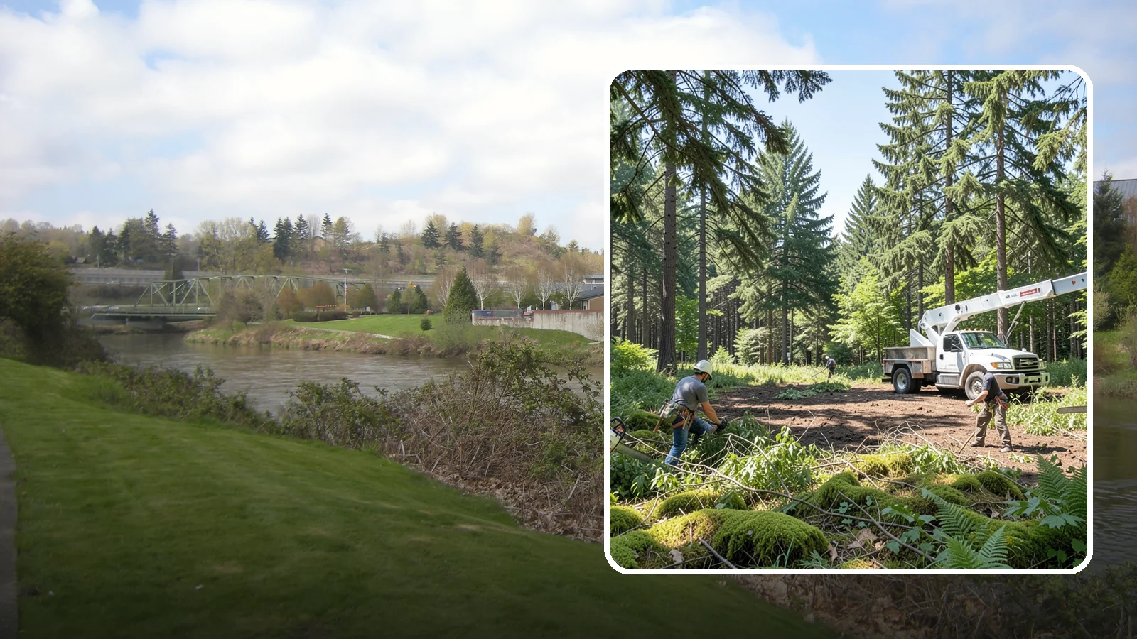Underbrush clearing in Tukwila, King County, WA - The clearing of understory growth beneath trees.
