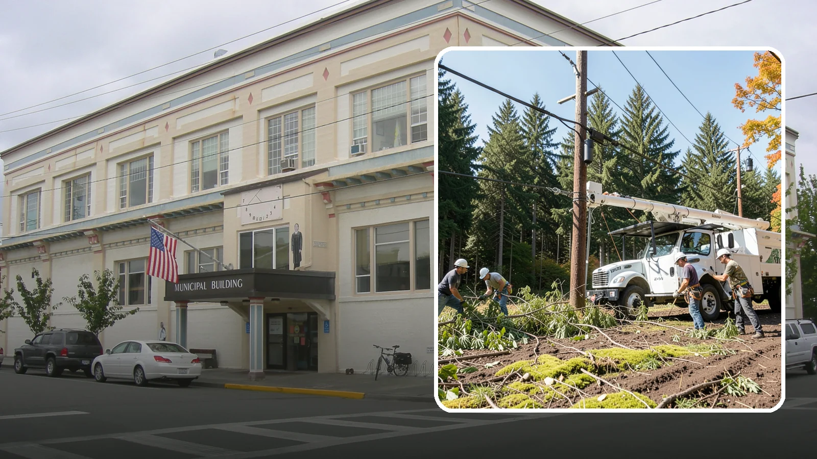 Utility line clearance pruning in Anacortes, Skagit County, WA - Pruning to maintain safe clearance between trees and utility lines.