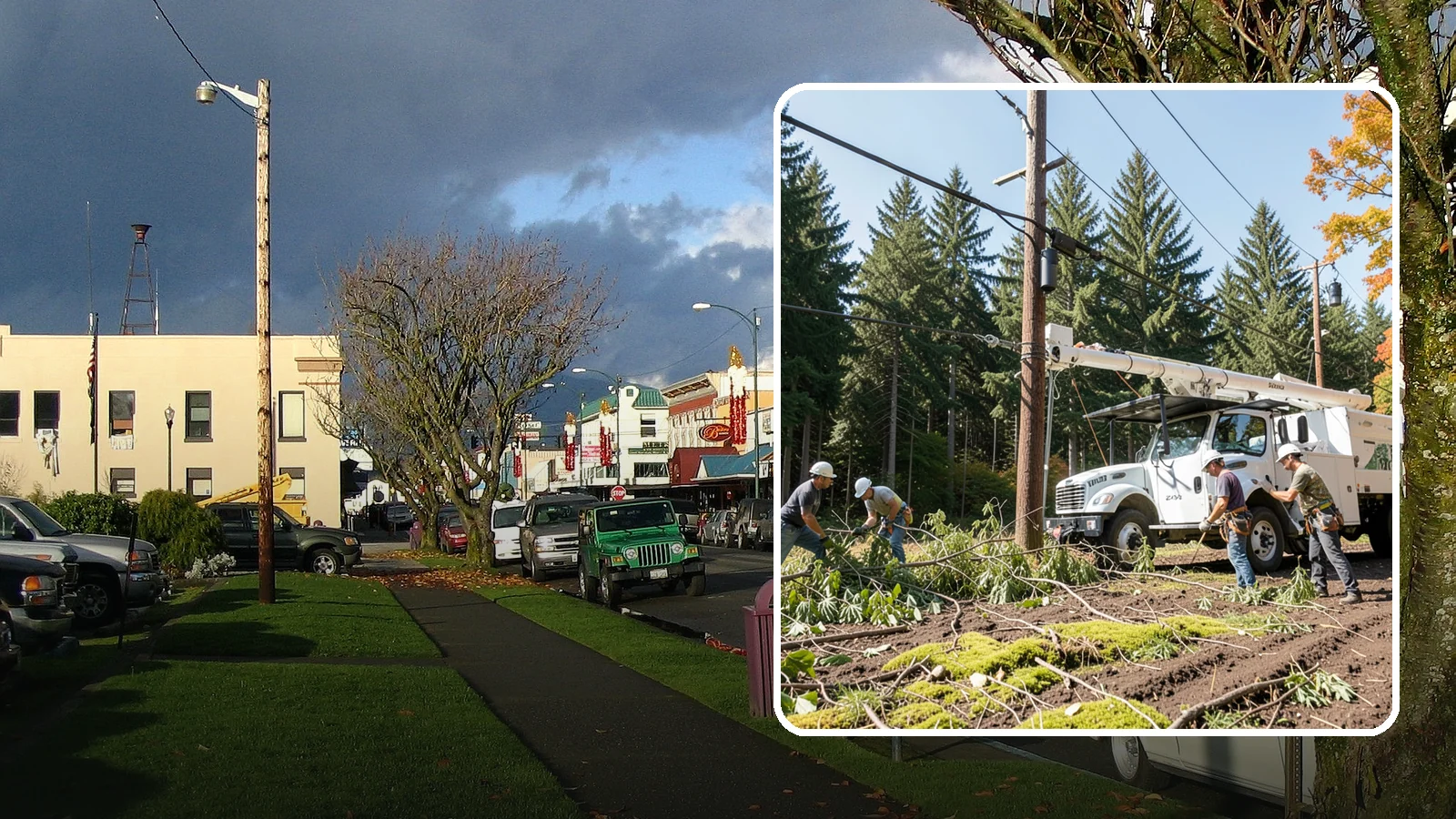 Utility line clearance pruning in Arlington, Snohomish County, WA - Pruning to maintain safe clearance between trees and utility lines.