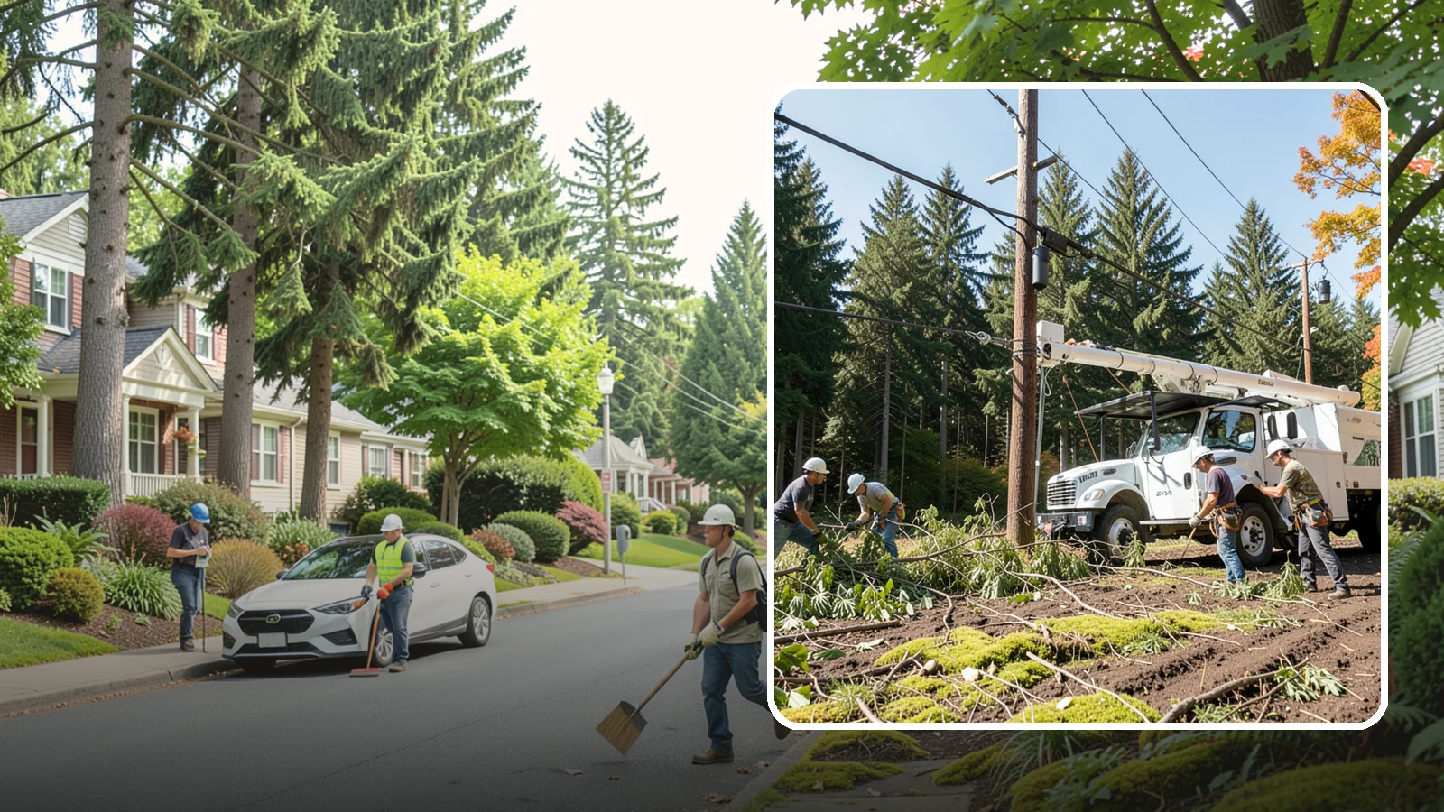 Utility line clearance pruning in Beaux Arts Village, King County, WA - Pruning to maintain safe clearance between trees and utility lines.