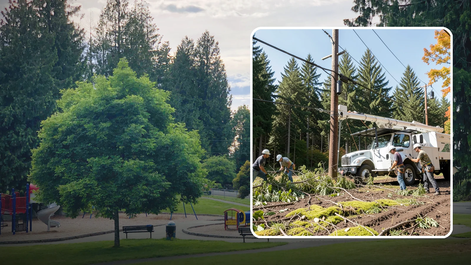 Utility line clearance pruning in Bonney Lake, Pierce County, WA - Pruning to maintain safe clearance between trees and utility lines.