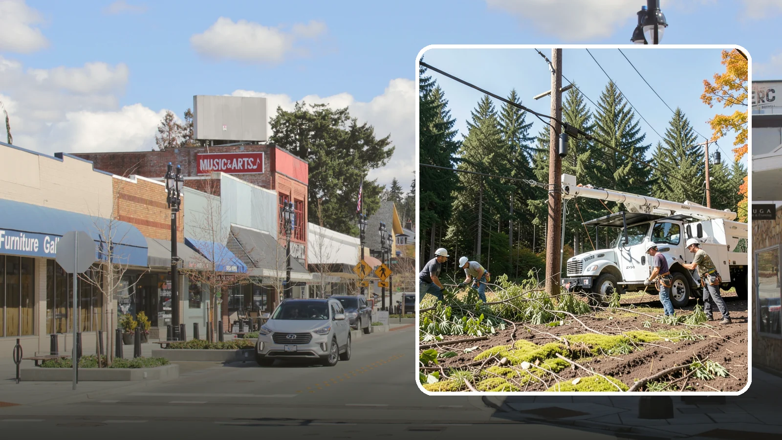 Utility line clearance pruning in Bothell, King County, WA - Pruning to maintain safe clearance between trees and utility lines.