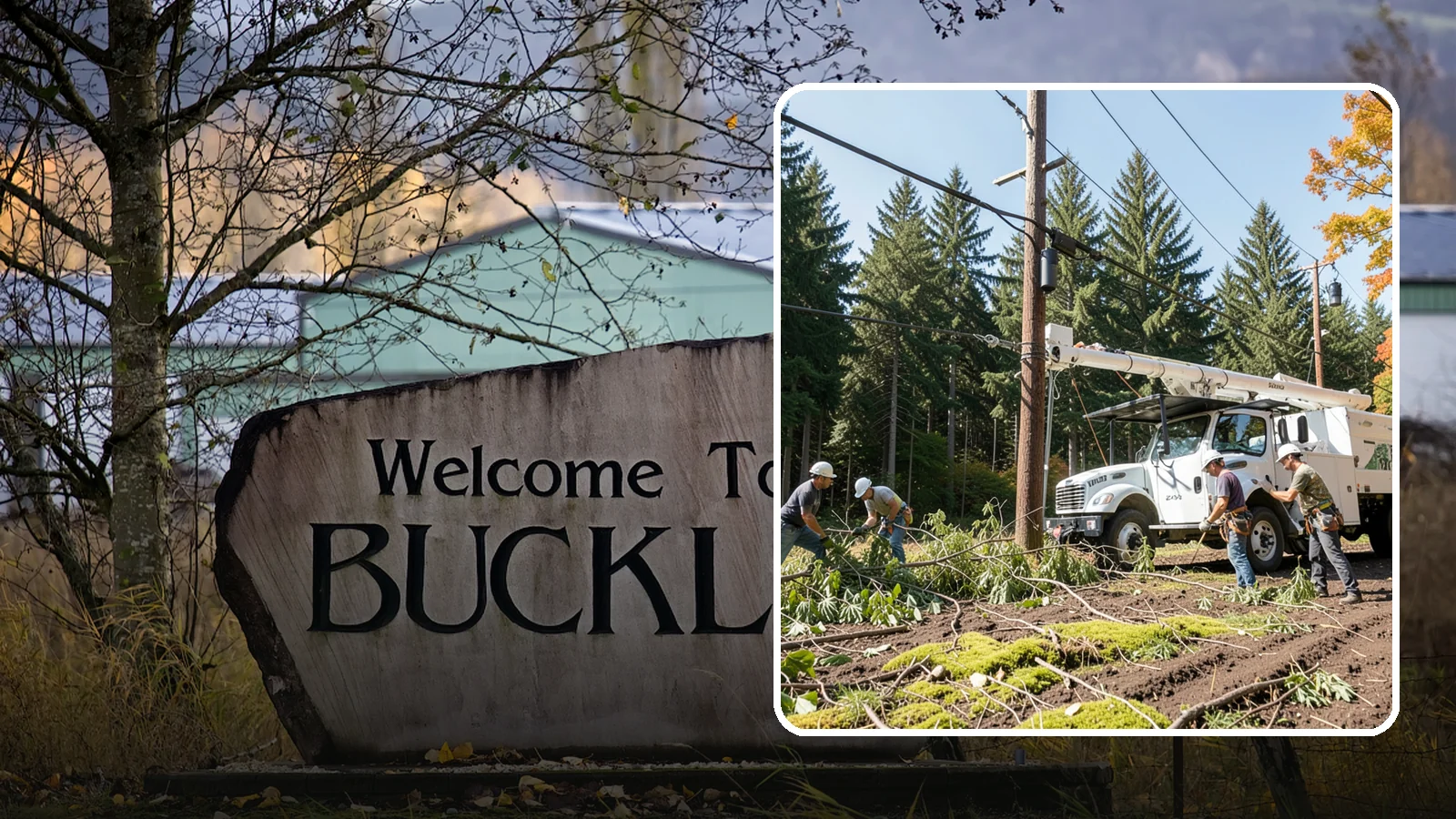 Utility line clearance pruning in Buckley, Pierce County, WA - Pruning to maintain safe clearance between trees and utility lines.