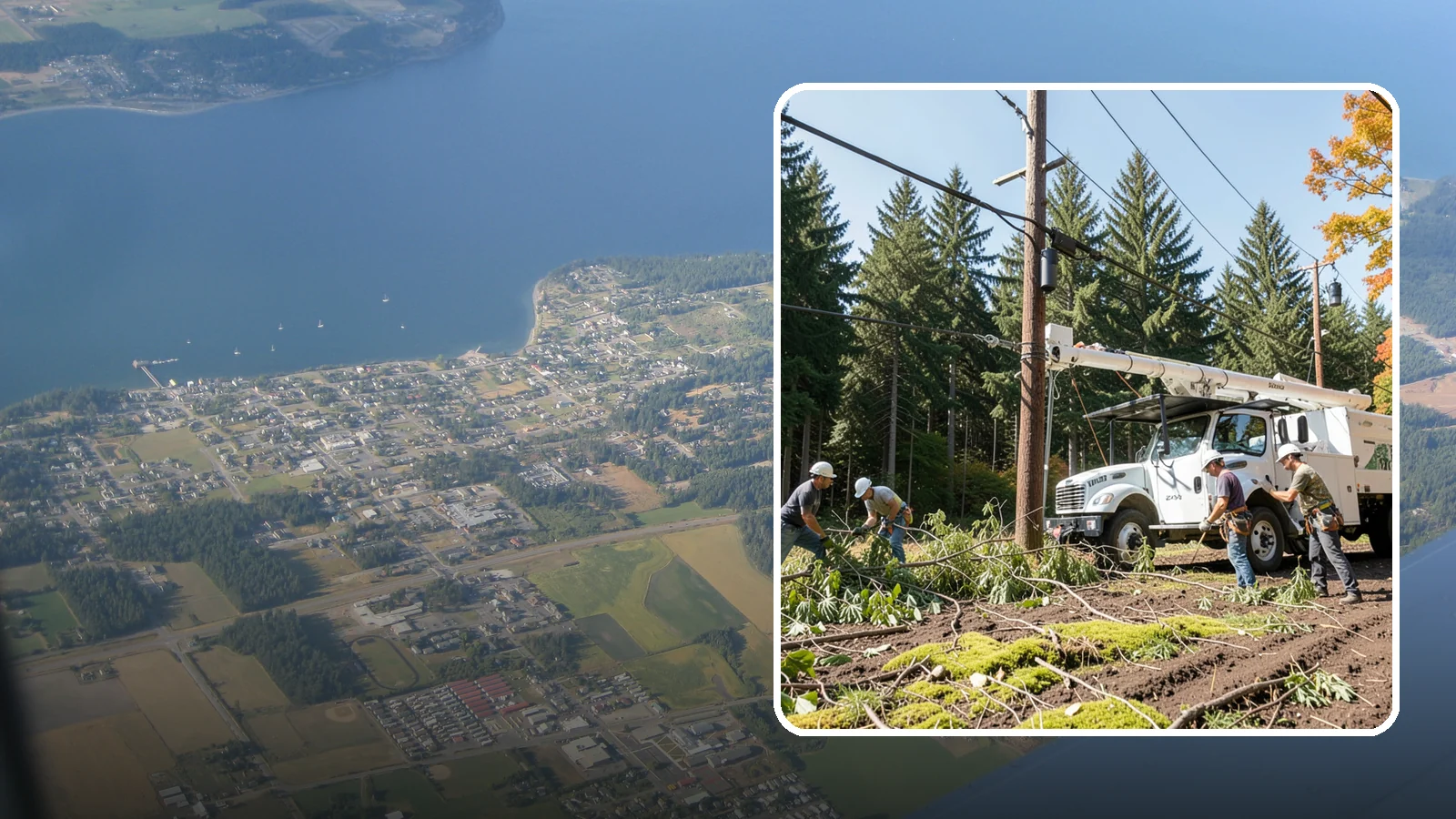 Utility line clearance pruning in Coupeville, Island County, WA - Pruning to maintain safe clearance between trees and utility lines.