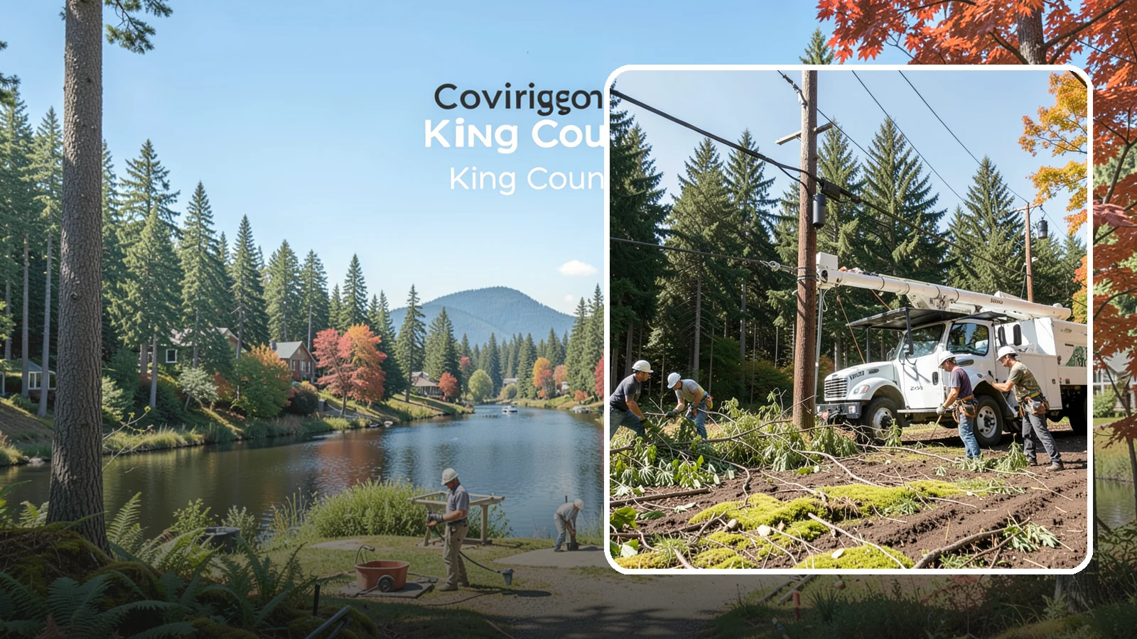 Utility line clearance pruning in Covington, King County, WA - Pruning to maintain safe clearance between trees and utility lines.