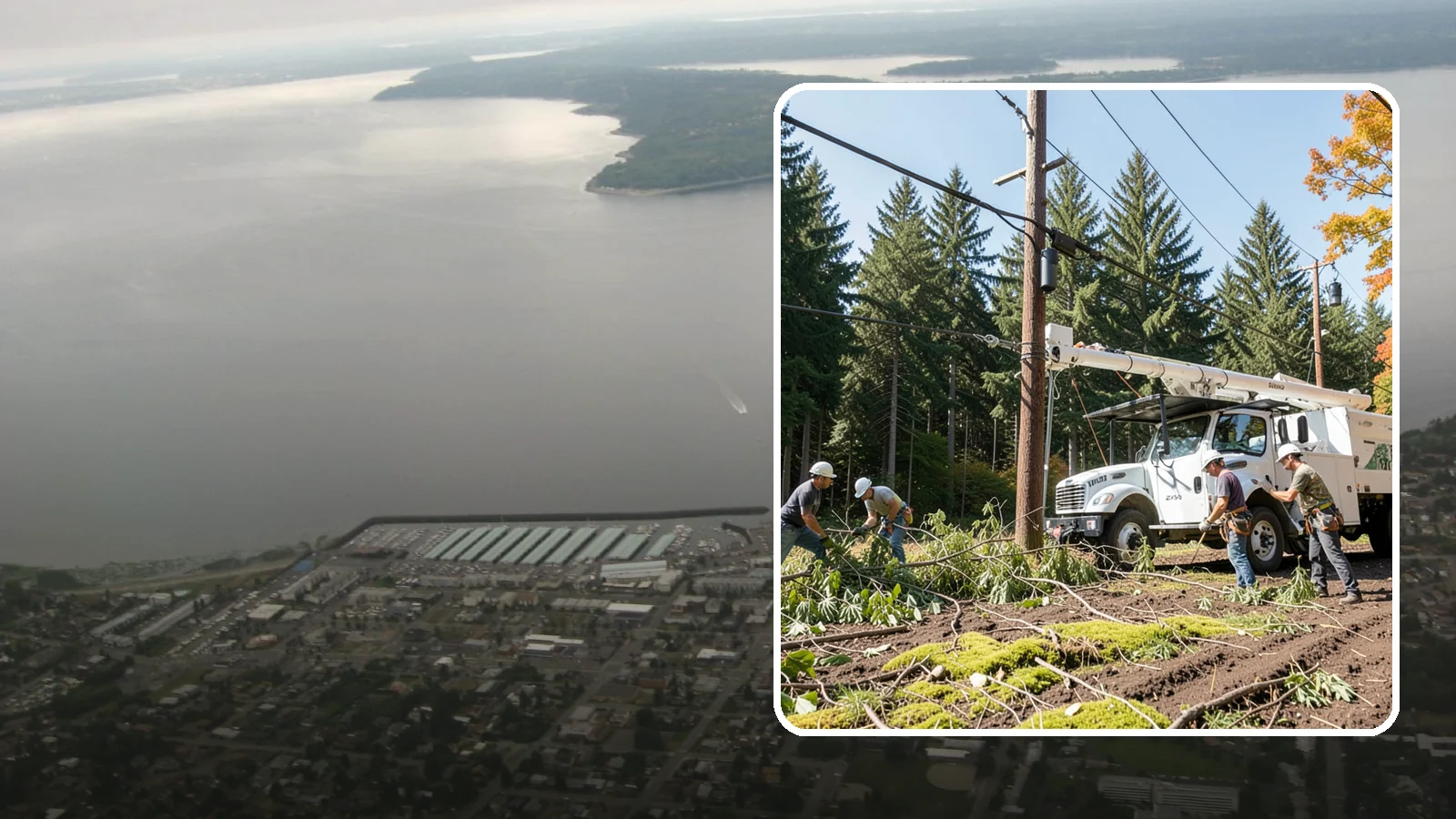 Utility line clearance pruning in Des Moines, King County, WA - Pruning to maintain safe clearance between trees and utility lines.