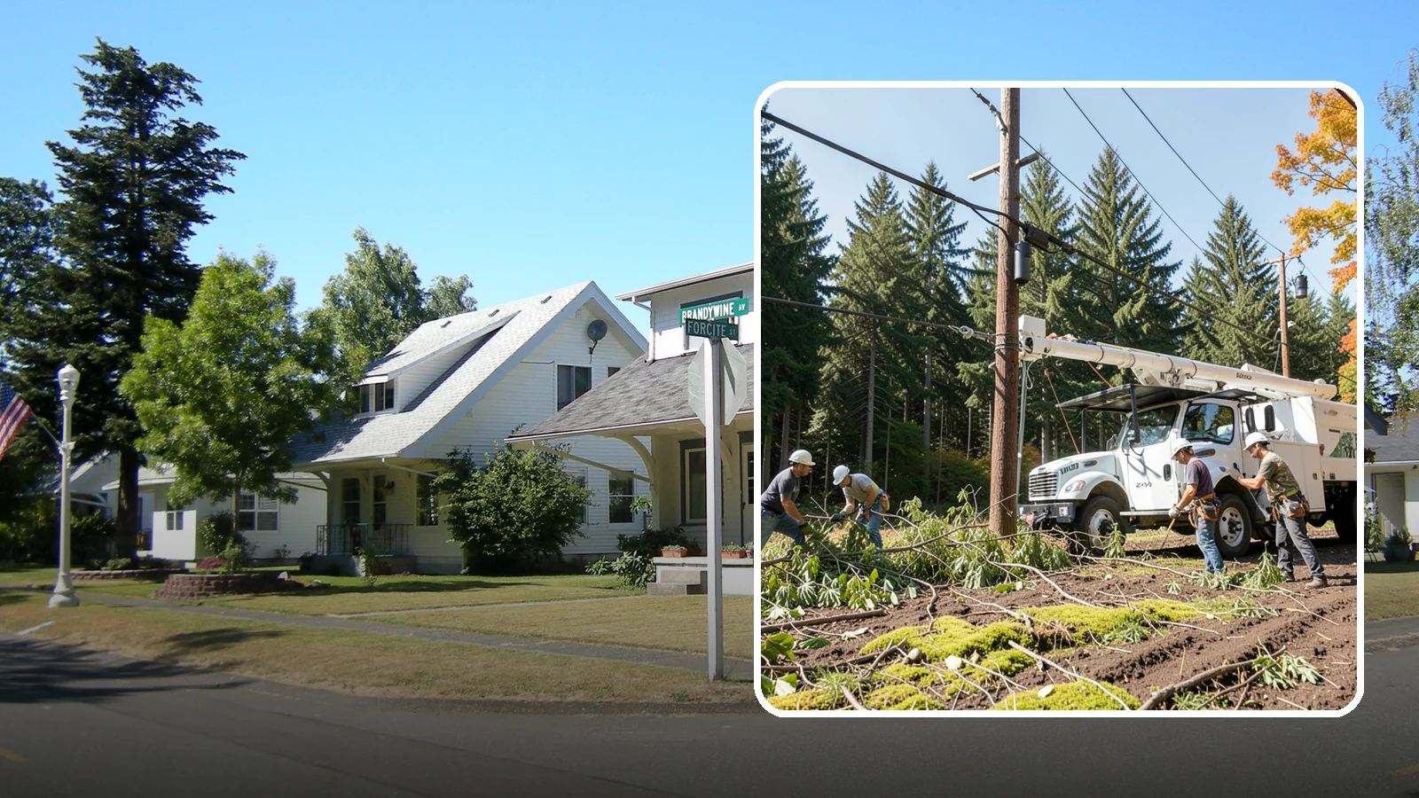 Utility line clearance pruning in DuPont, Pierce County, WA - Pruning to maintain safe clearance between trees and utility lines.