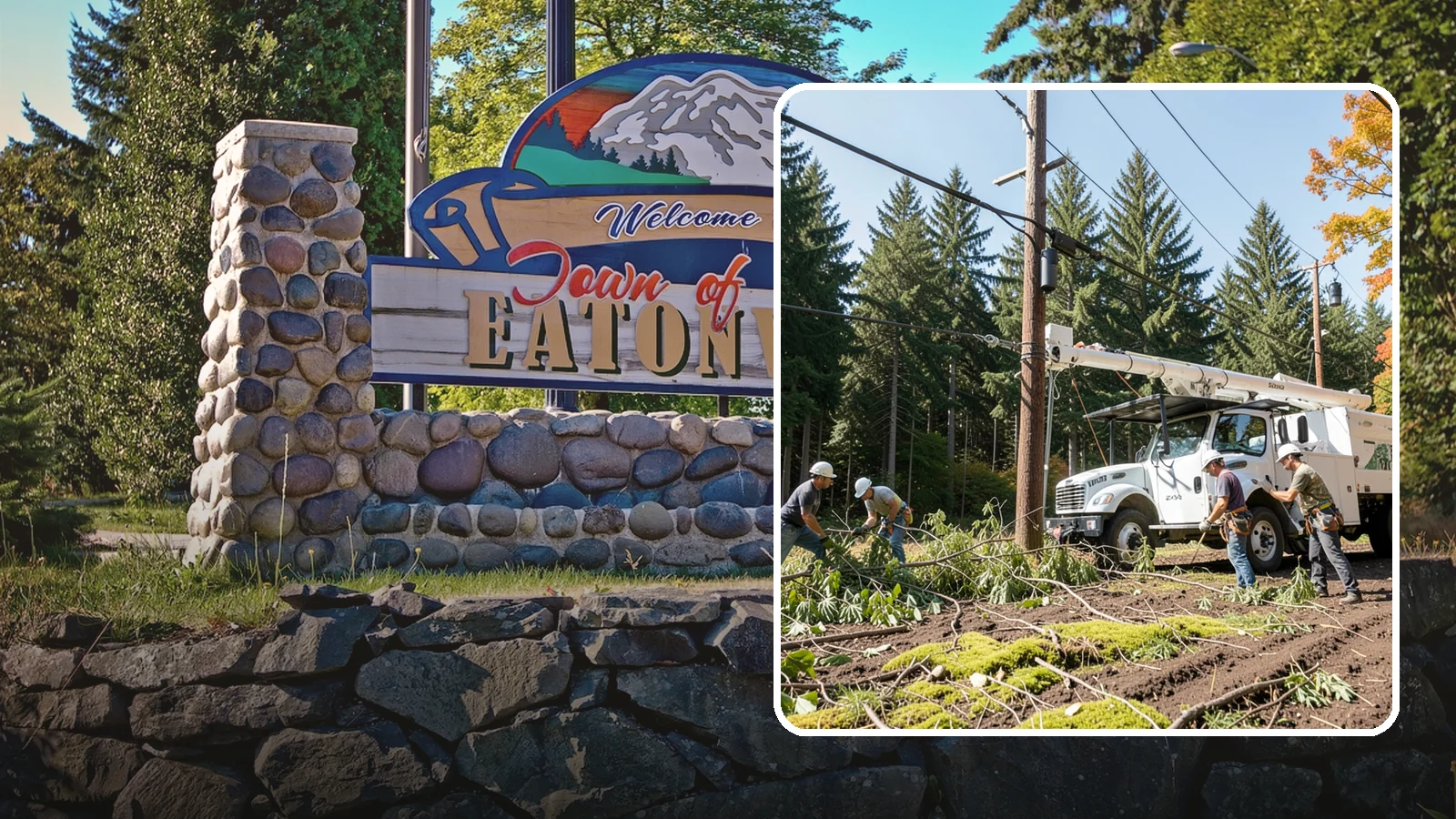 Utility line clearance pruning in Eatonville, Pierce County, WA - Pruning to maintain safe clearance between trees and utility lines.