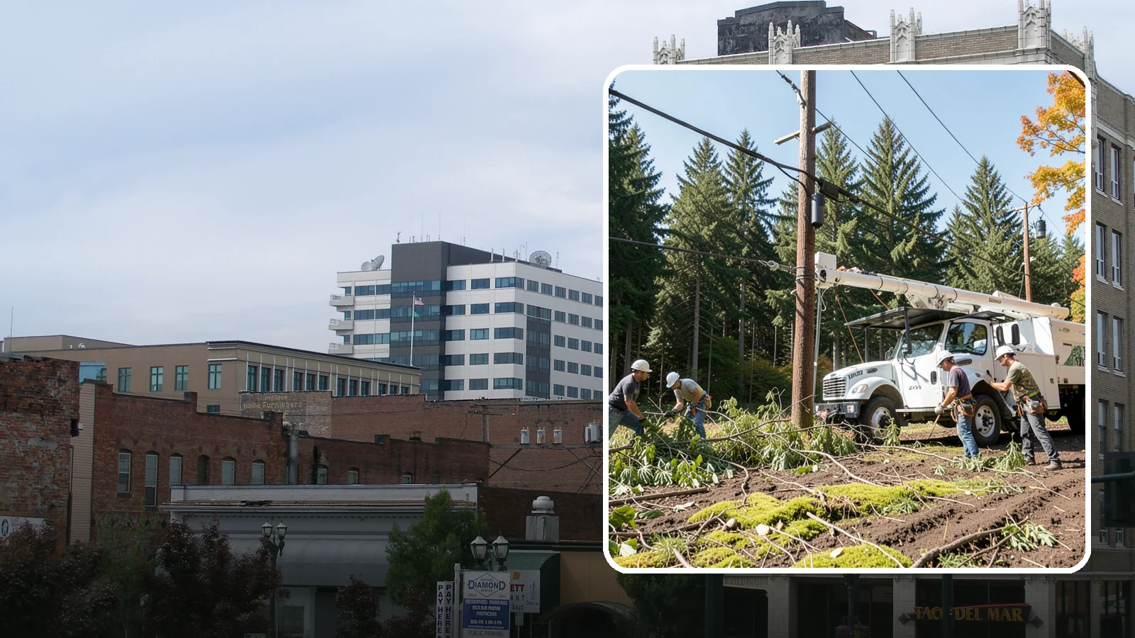 Utility line clearance pruning in Everett, Snohomish County, WA - Pruning to maintain safe clearance between trees and utility lines.