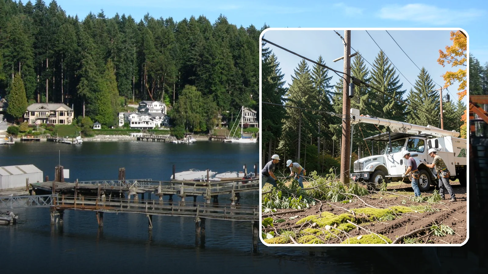 Utility line clearance pruning in Gig Harbor, Pierce County, WA - Pruning to maintain safe clearance between trees and utility lines.