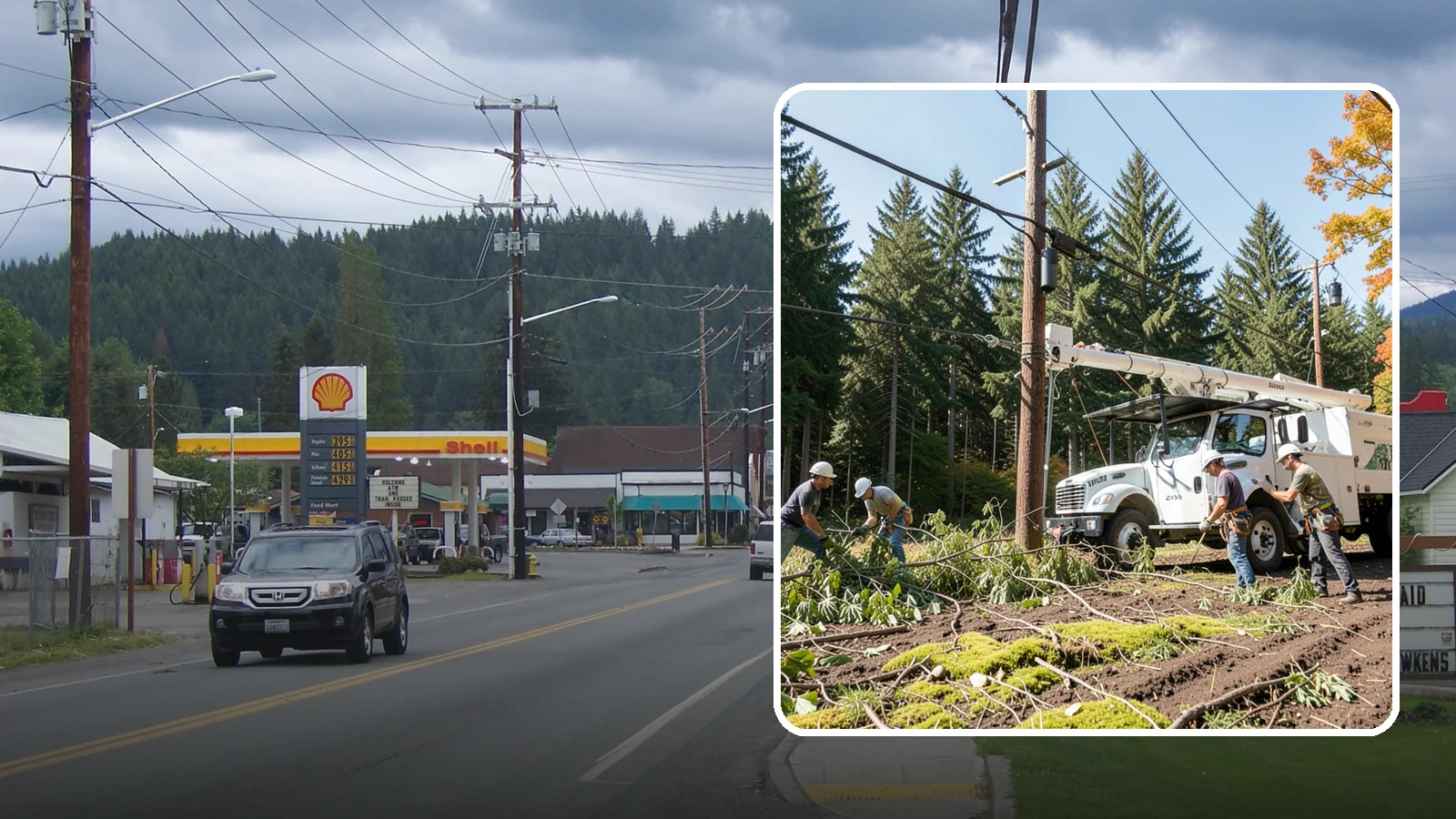 Utility line clearance pruning in Granite Falls, Snohomish County, WA - Pruning to maintain safe clearance between trees and utility lines.