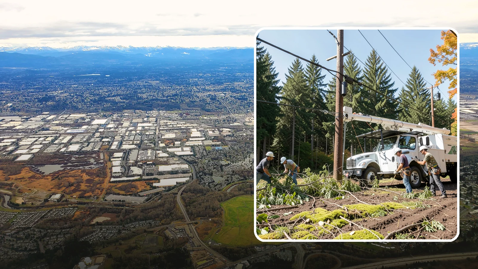Utility line clearance pruning in Kent, King County, WA - Pruning to maintain safe clearance between trees and utility lines.