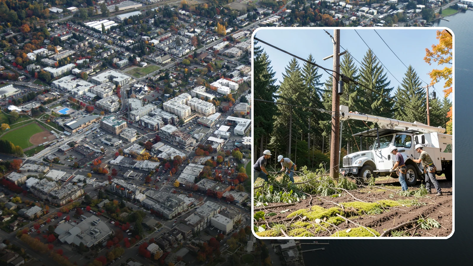 Utility line clearance pruning in Kirkland, King County, WA - Pruning to maintain safe clearance between trees and utility lines.