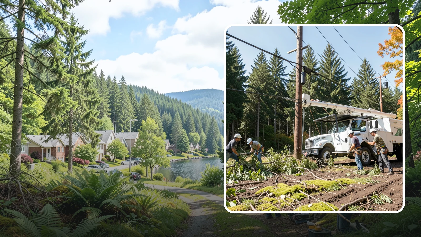 Utility line clearance pruning in Lake Forest Park, King County, WA - Pruning to maintain safe clearance between trees and utility lines.