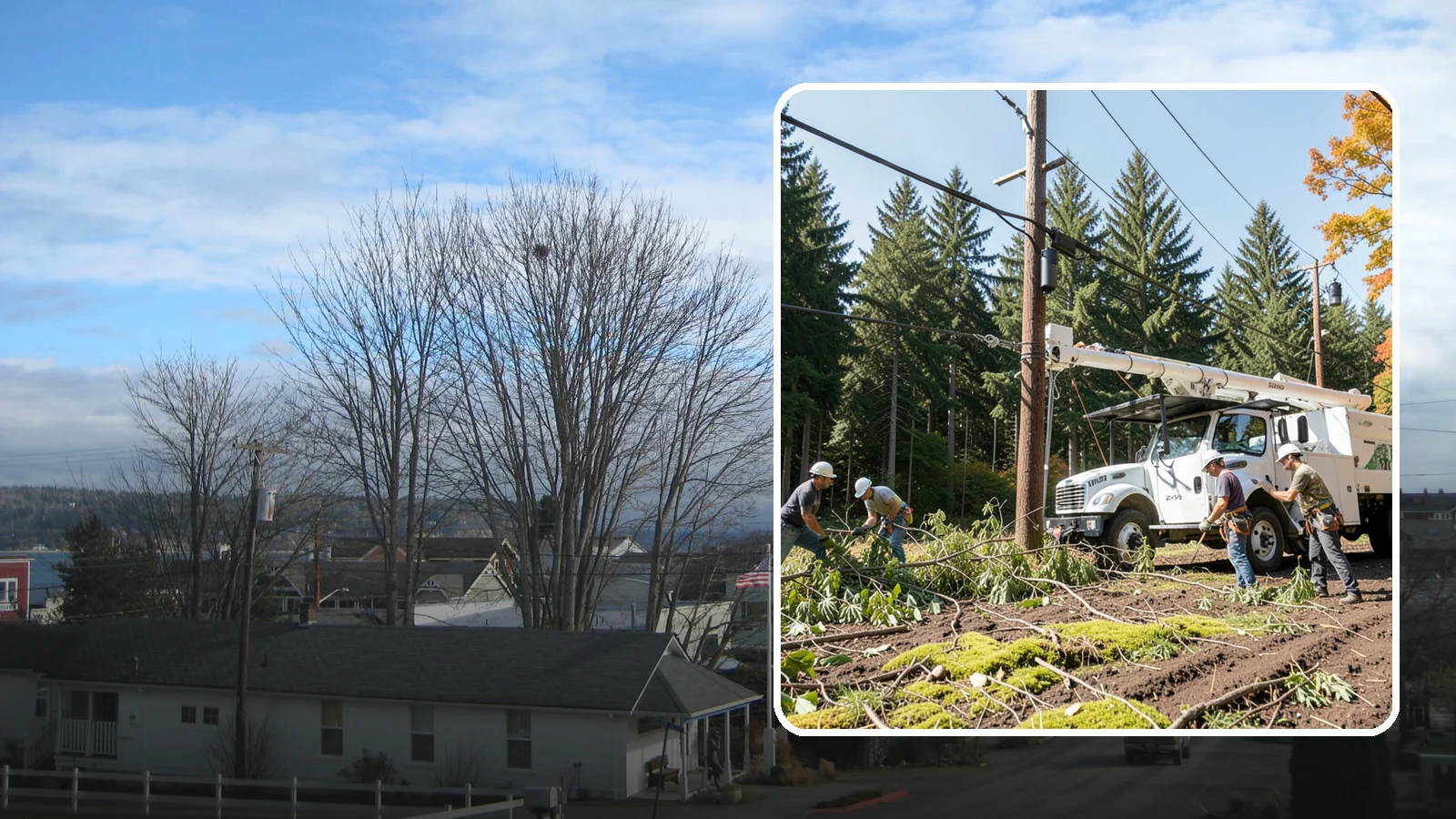 Utility line clearance pruning in Langley, Island County, WA - Pruning to maintain safe clearance between trees and utility lines.