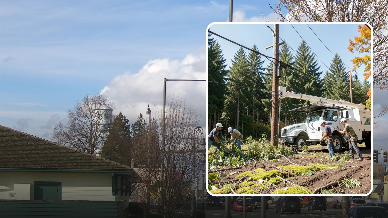 Utility line clearance pruning in Marysville, Snohomish County, WA - Pruning to maintain safe clearance between trees and utility lines.