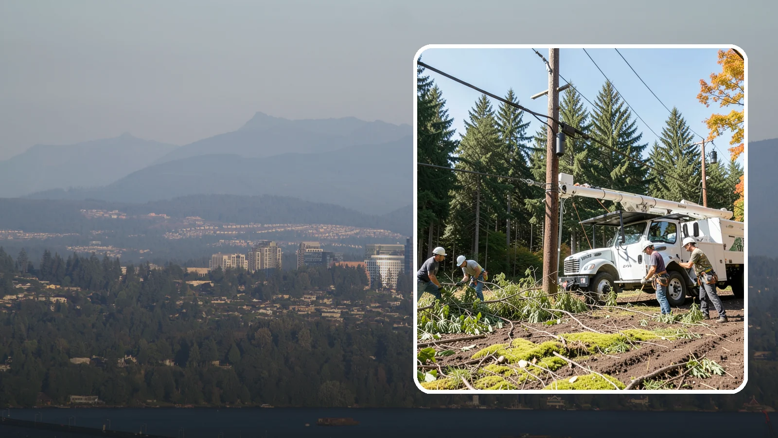 Utility line clearance pruning in Medina, King County, WA - Pruning to maintain safe clearance between trees and utility lines.
