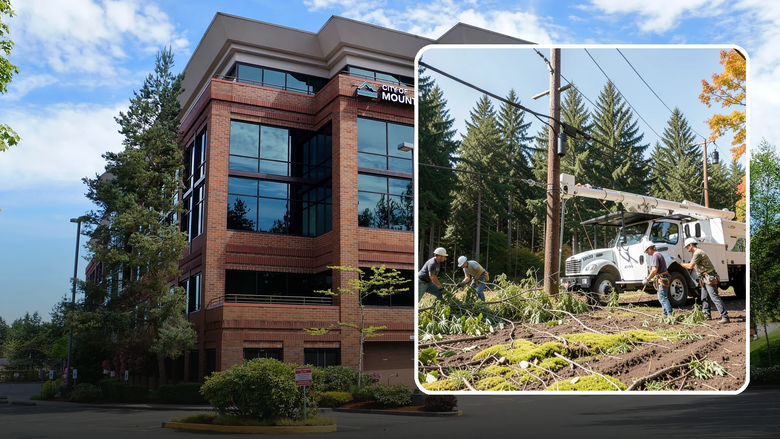 Utility line clearance pruning in Mountlake Terrace, Snohomish County, WA - Pruning to maintain safe clearance between trees and utility lines.