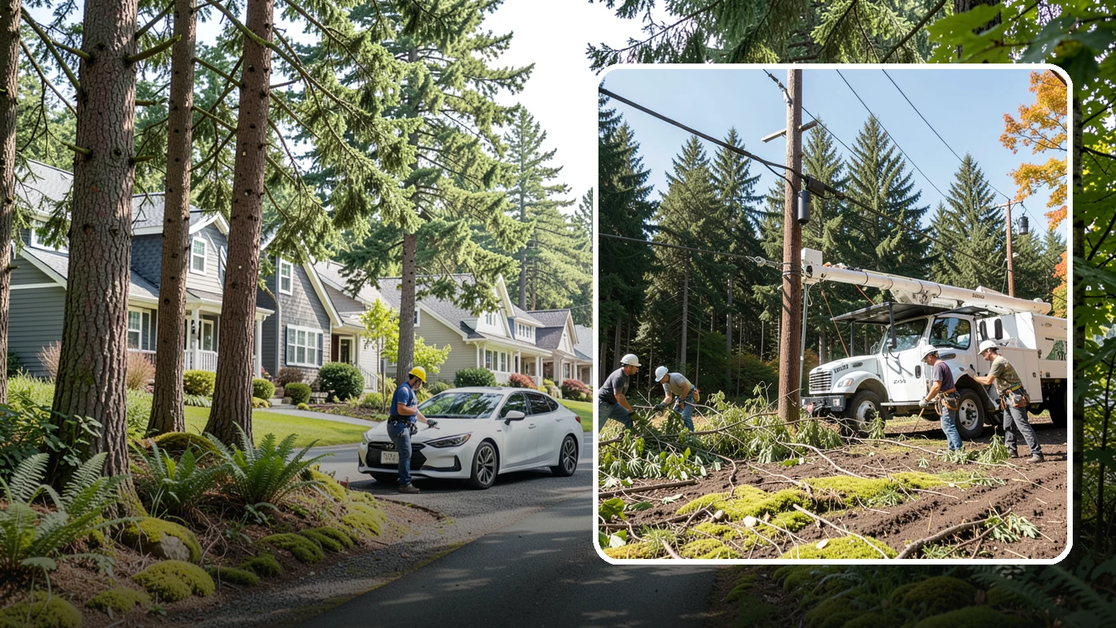 Utility line clearance pruning in Normandy Park, King County, WA - Pruning to maintain safe clearance between trees and utility lines.
