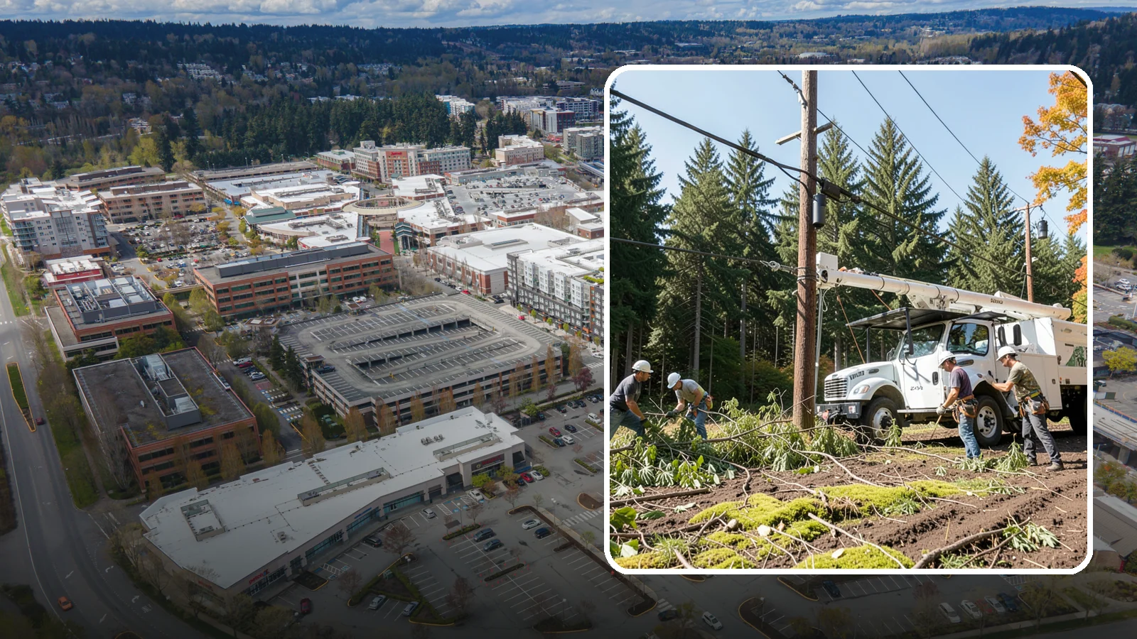 Utility line clearance pruning in Redmond, King County, WA - Pruning to maintain safe clearance between trees and utility lines.