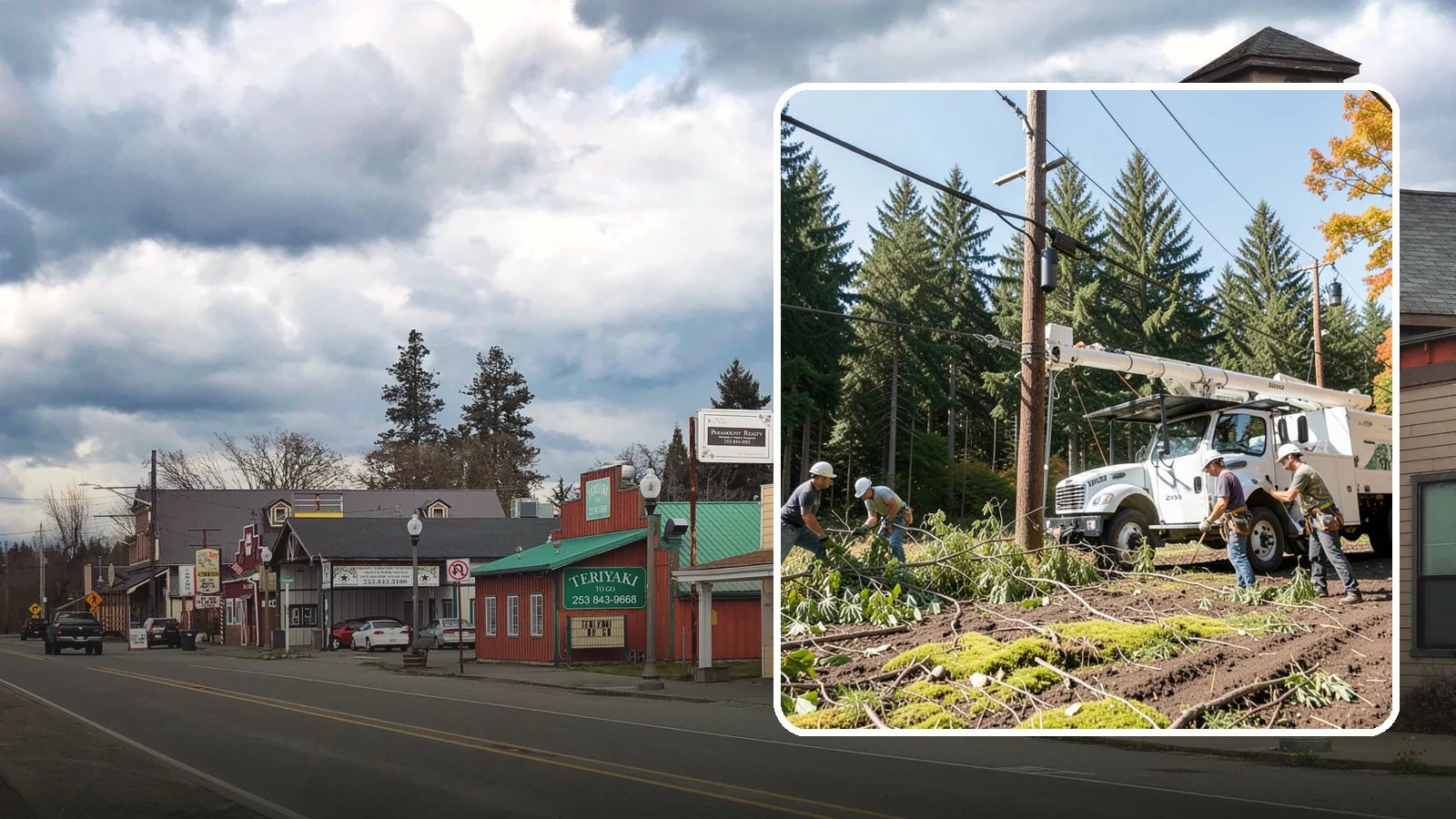 Utility line clearance pruning in Roy, Pierce County, WA - Pruning to maintain safe clearance between trees and utility lines.