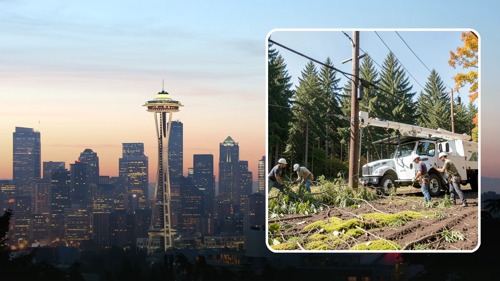 Utility line clearance pruning in Seattle, King County, WA - Pruning to maintain safe clearance between trees and utility lines.