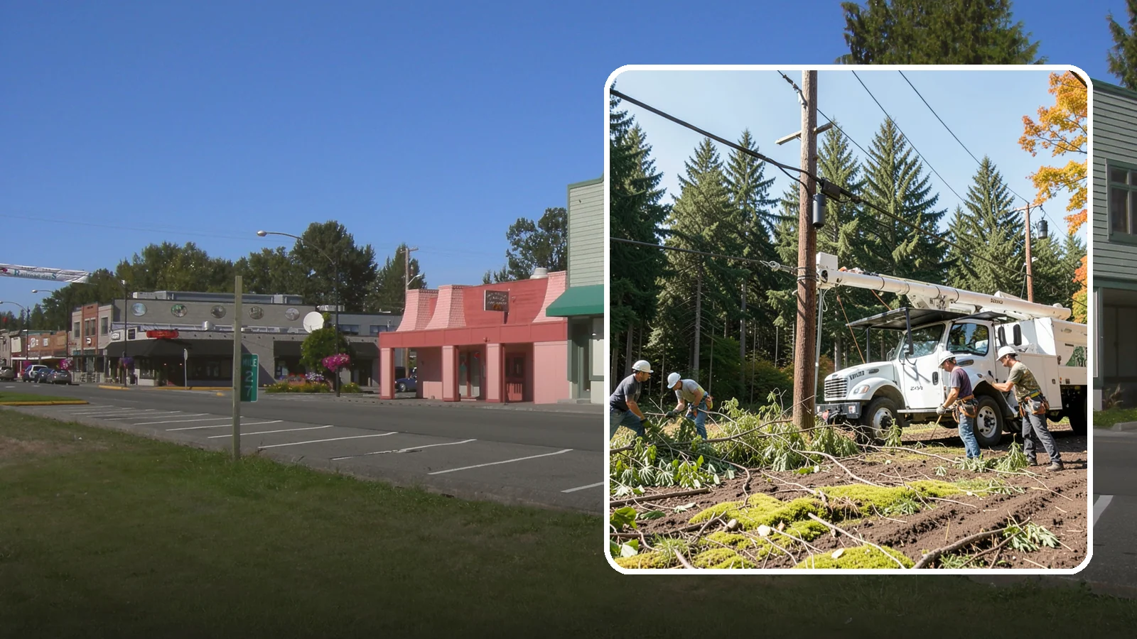 Utility line clearance pruning in Snoqualmie, King County, WA - Pruning to maintain safe clearance between trees and utility lines.